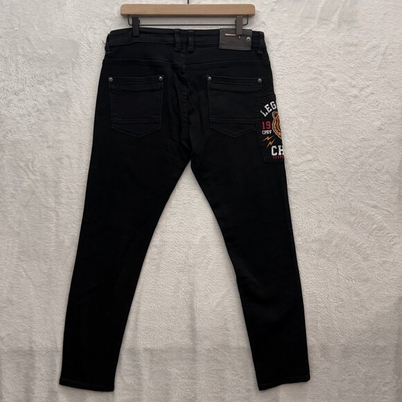 Copper Rivet Jeans Mens 32x30 Black Patchwork Graphic Skinny Denim - Picture 2 of 6